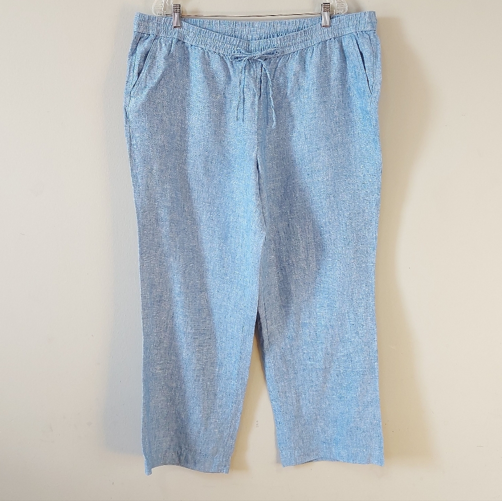 Talbots Blue Wide Leg Drawstring Waist Tie Pullon Linen Pants Plus Size 18 W
